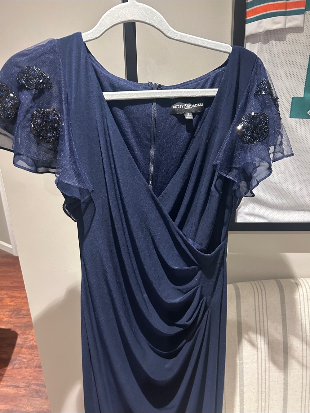 Betsy & Adam Navy Sheer Flutter Sleeve Draped Midi Dress